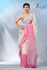 Offwhite with silver border pure linen hand embroidery saree
