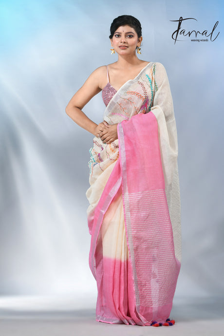 Offwhite with silver border pure linen hand embroidery saree