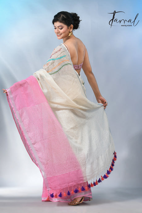 Offwhite with silver border pure linen hand embroidery saree