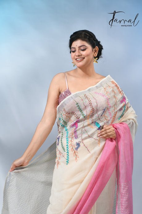 Offwhite with silver border pure linen hand embroidery saree