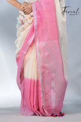 Offwhite with silver border pure linen hand embroidery saree