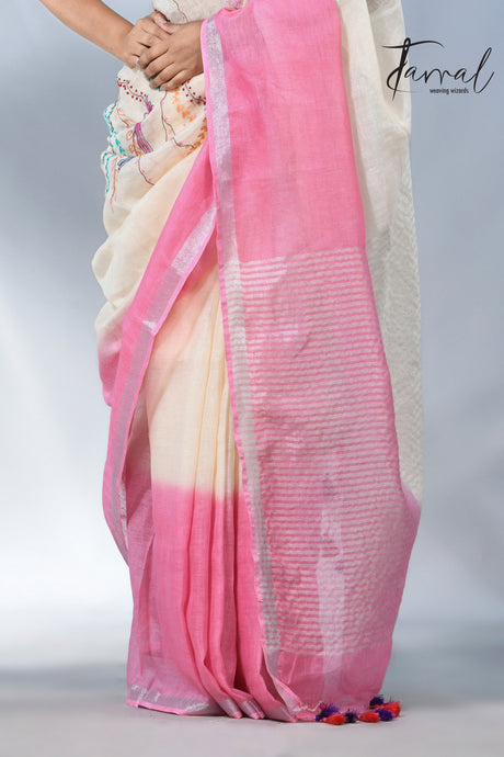 Offwhite with silver border pure linen hand embroidery saree