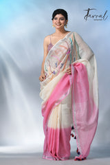 Offwhite with silver border pure linen hand embroidery saree