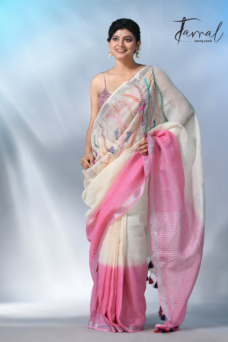 Offwhite with silver border pure linen hand embroidery saree