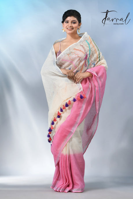 Offwhite with silver border pure linen hand embroidery saree