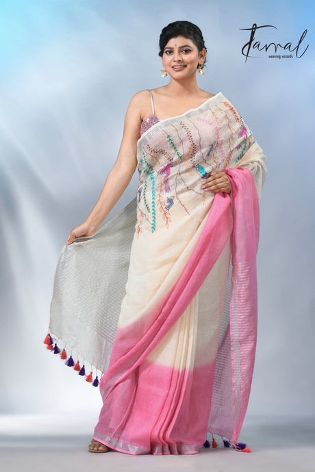 Offwhite with silver border pure linen hand embroidery saree