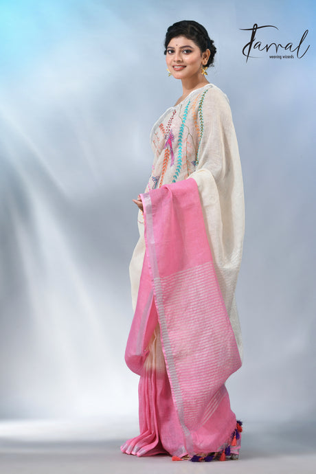 Offwhite with silver border pure linen hand embroidery saree