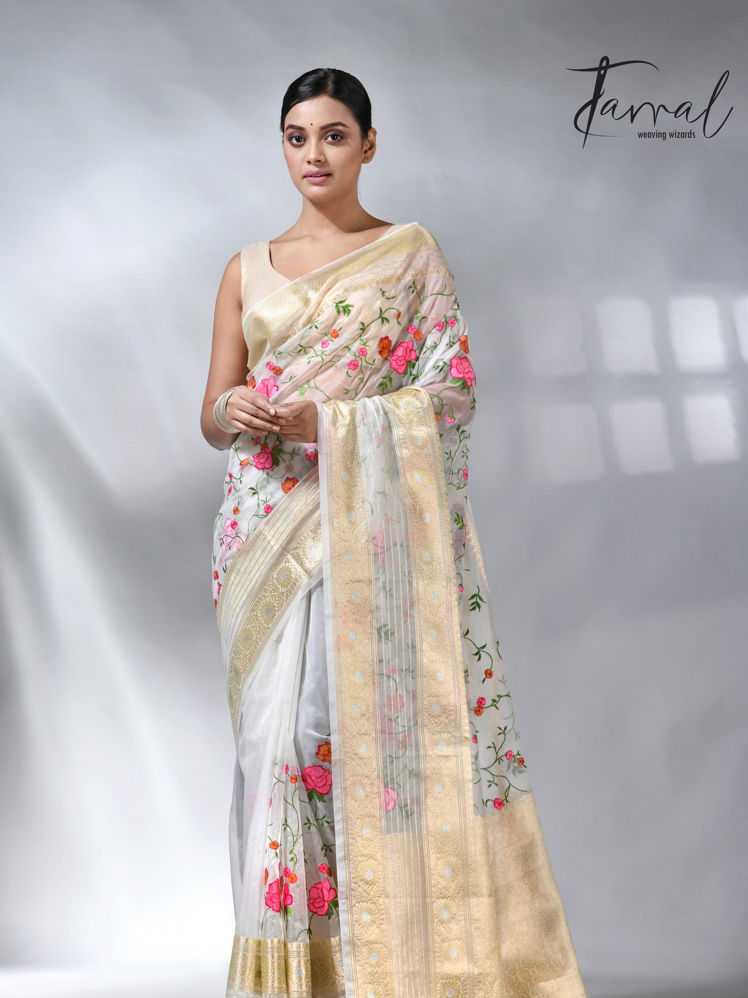 Offwhite with the allover embroidery desigin silk linen saree 