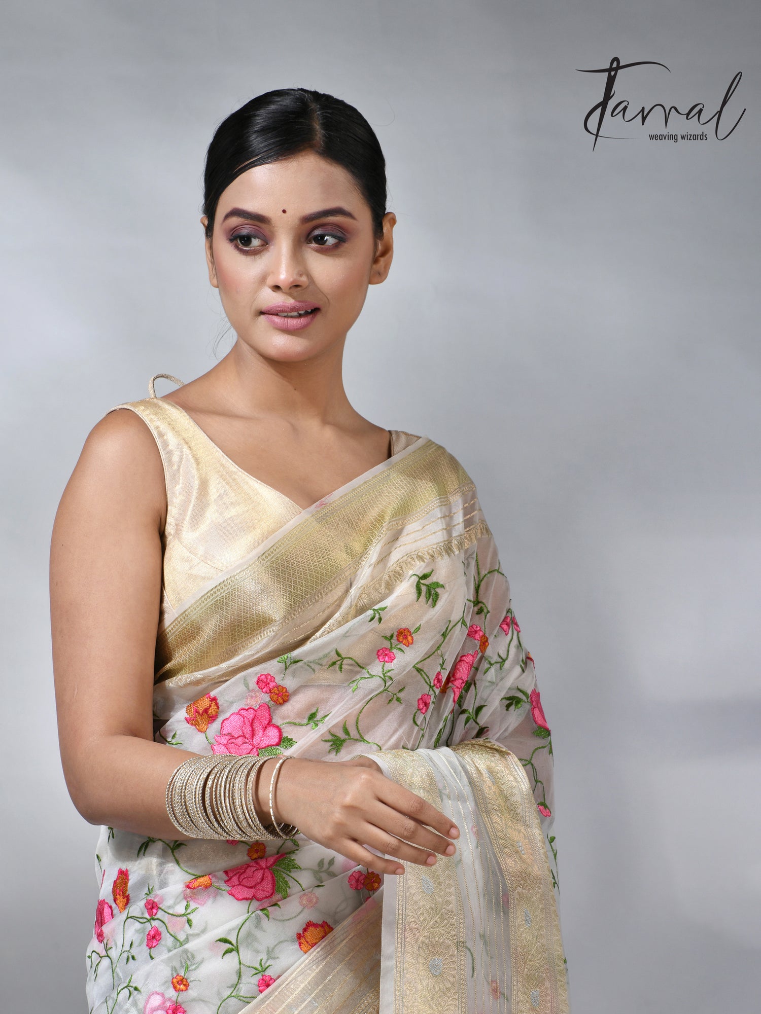 Offwhite with the allover embroidery desigin silk linen saree 
