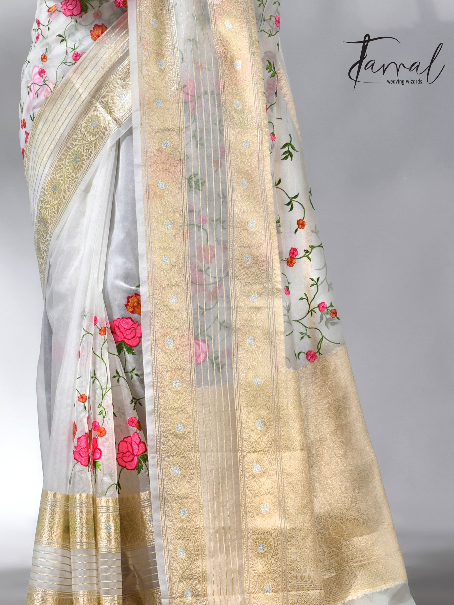 Offwhite with the allover embroidery desigin silk linen saree 