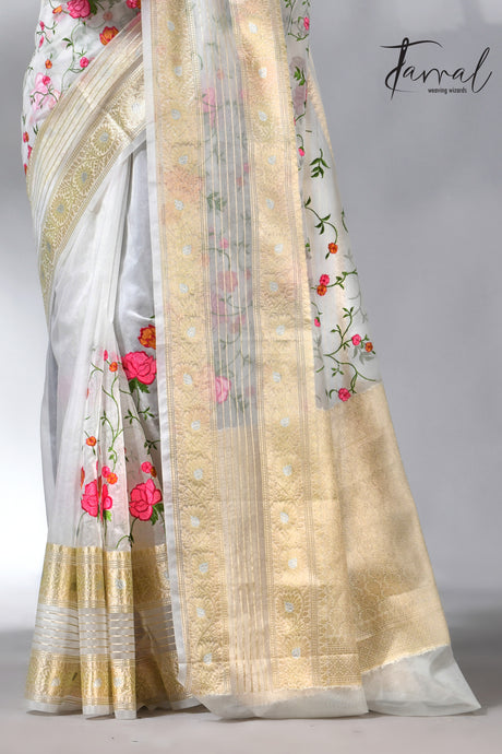 Offwhite with the allover embroidery desigin silk linen saree 