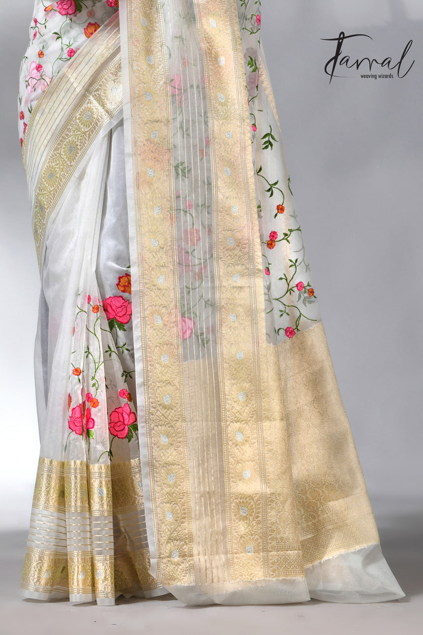 Offwhite with the allover embroidery desigin silk linen saree 