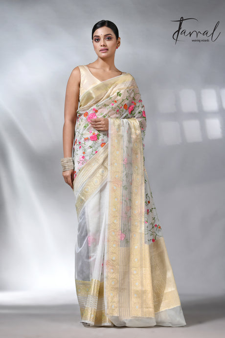 Offwhite with the allover embroidery desigin silk linen saree 