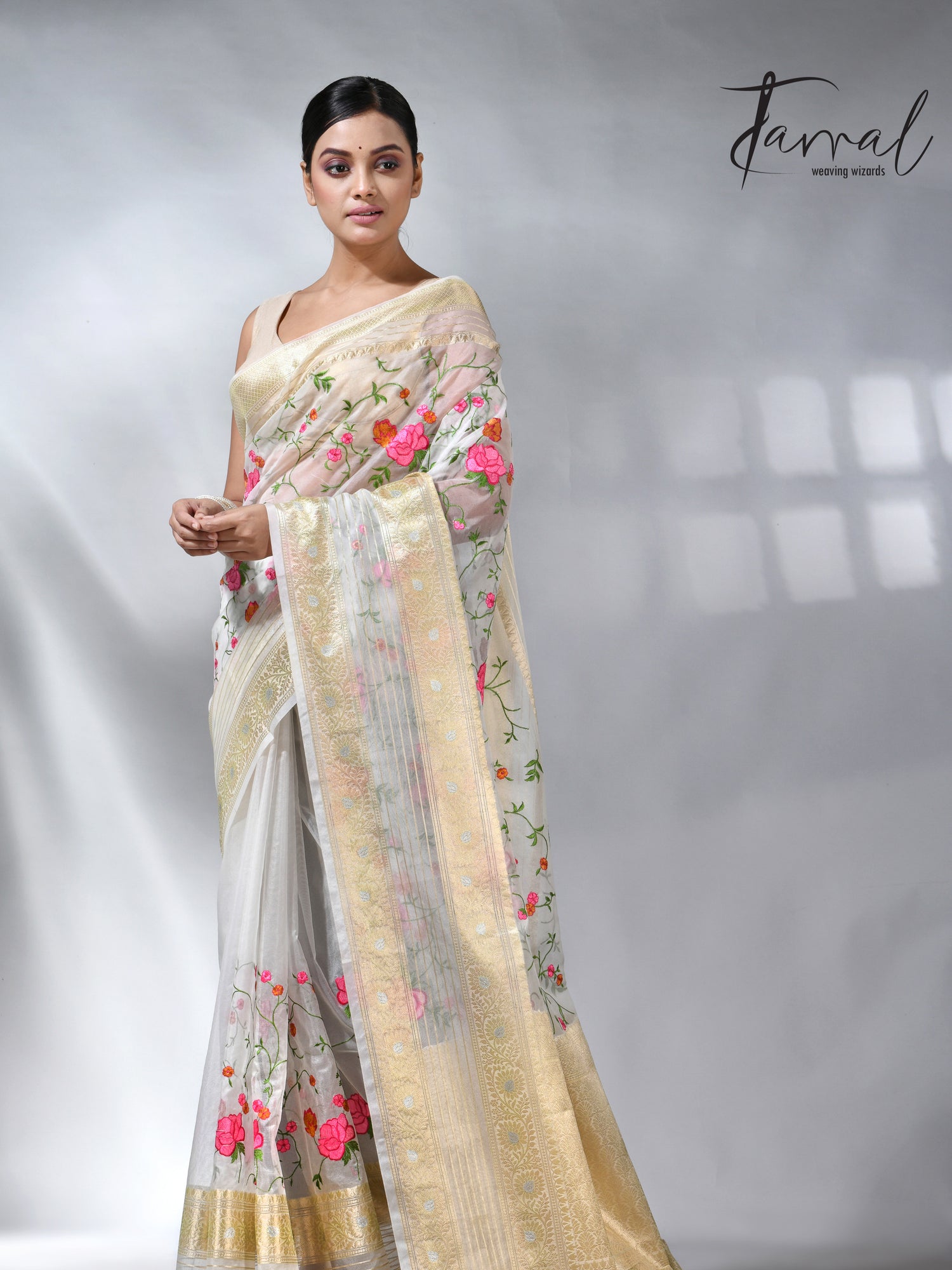 Offwhite with the allover embroidery desigin silk linen saree 