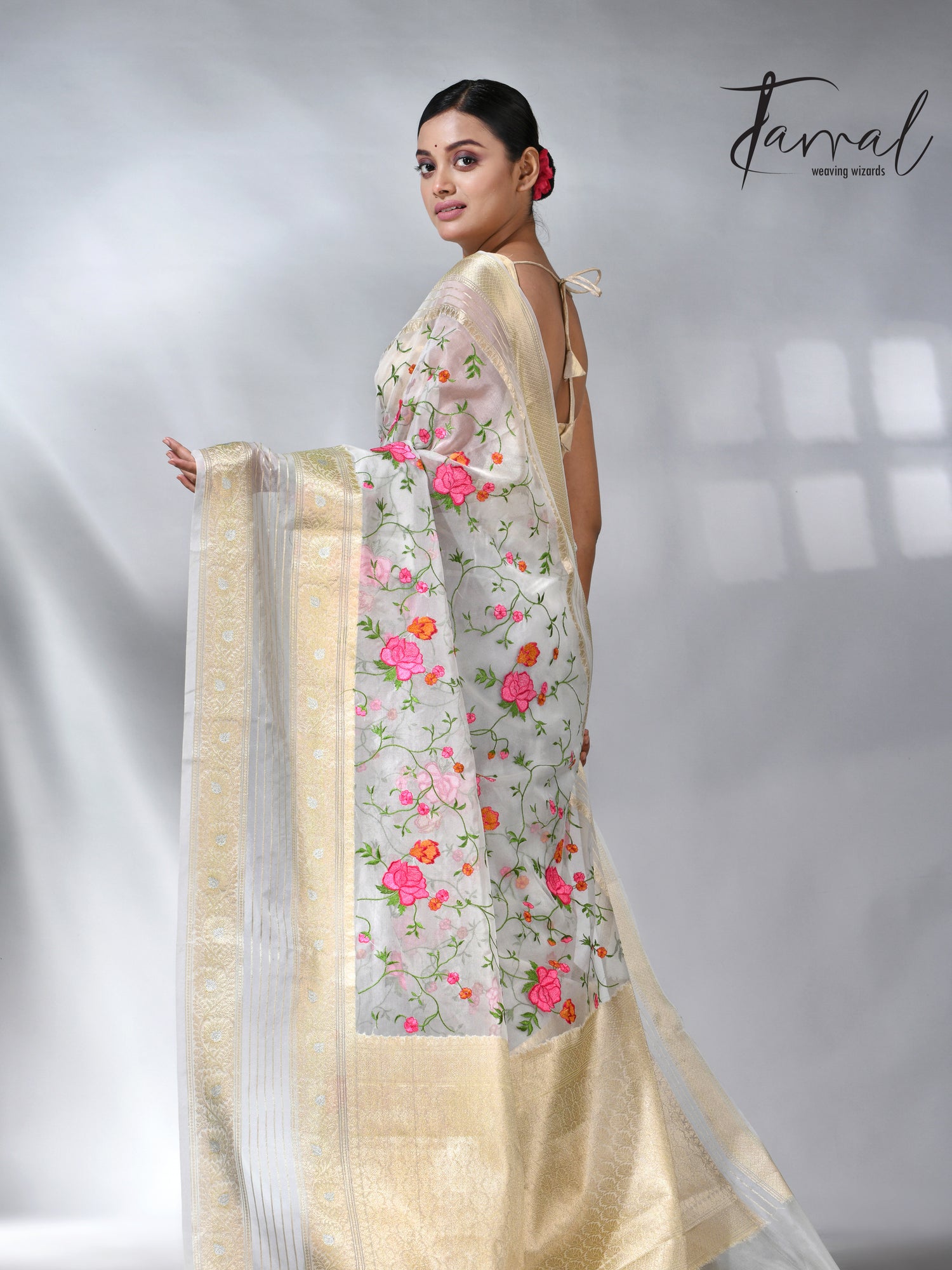 Offwhite with the allover embroidery desigin silk linen saree 