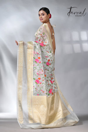 Offwhite with the allover embroidery desigin silk linen saree 