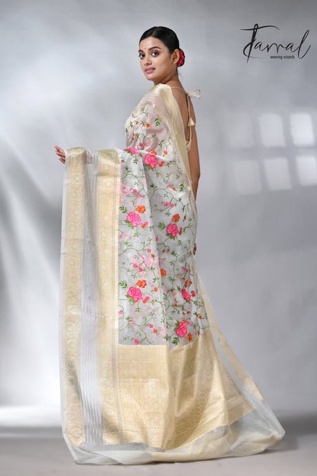 Offwhite with the allover embroidery desigin silk linen saree 