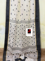 Offwhite with black border linen handwoven jamdani saree - Tamal Boutique