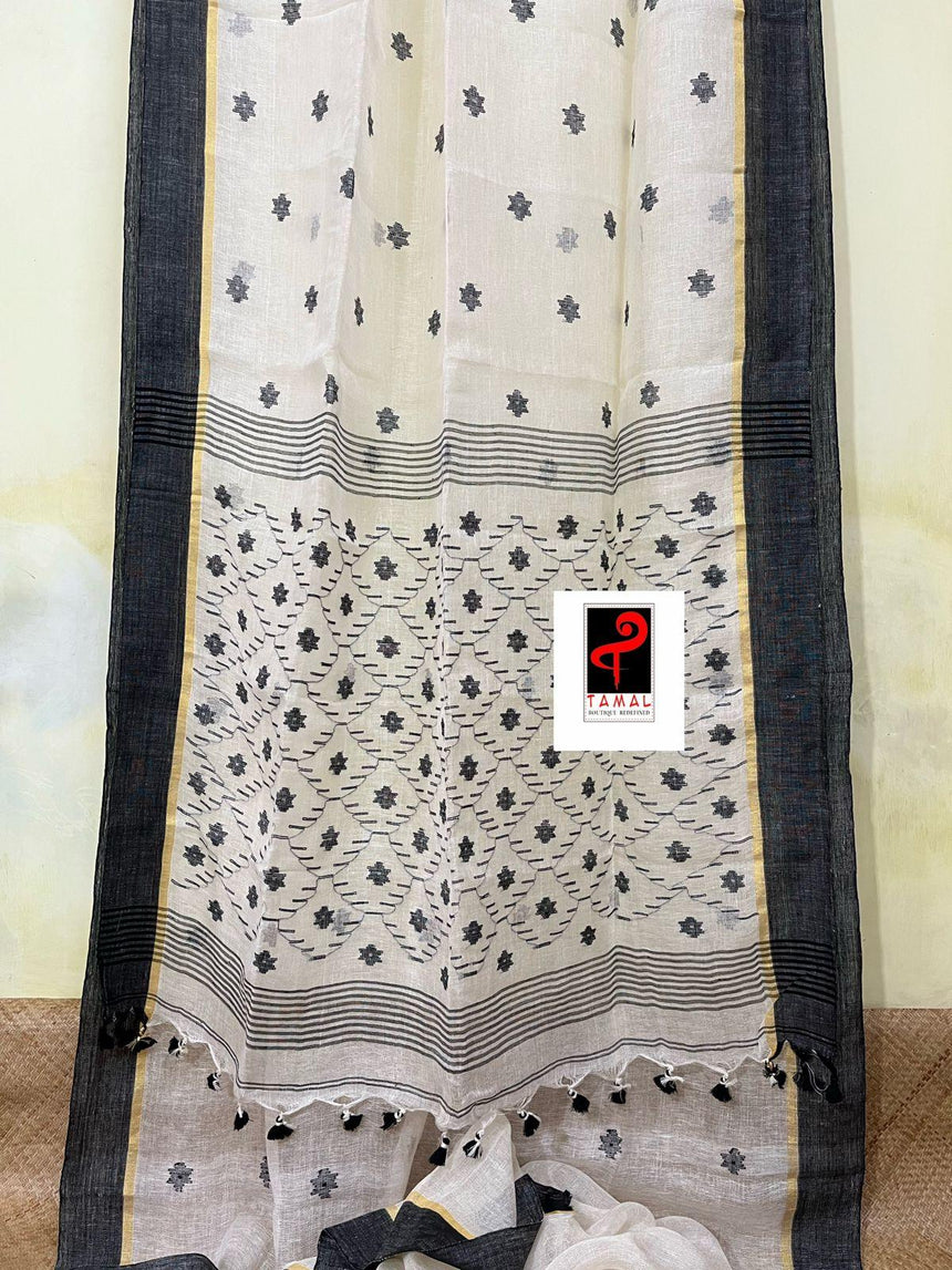 Offwhite with black border linen handwoven jamdani saree - Tamal Boutique