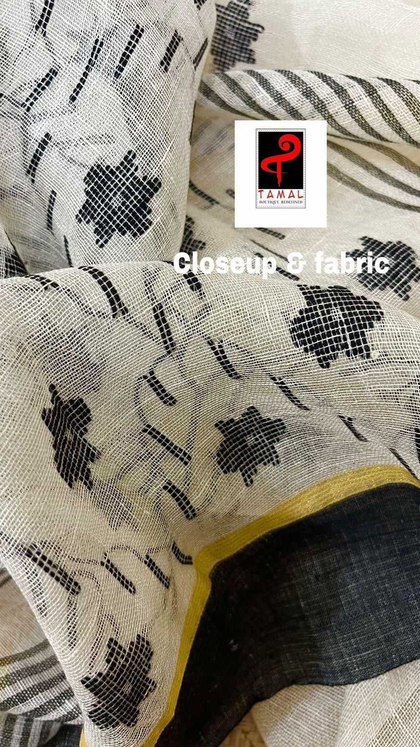 Offwhite with black border linen handwoven jamdani saree - Tamal Boutique