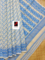Offwhite with sky blue handloom soft dhakai jamdani saree - Tamal Boutique