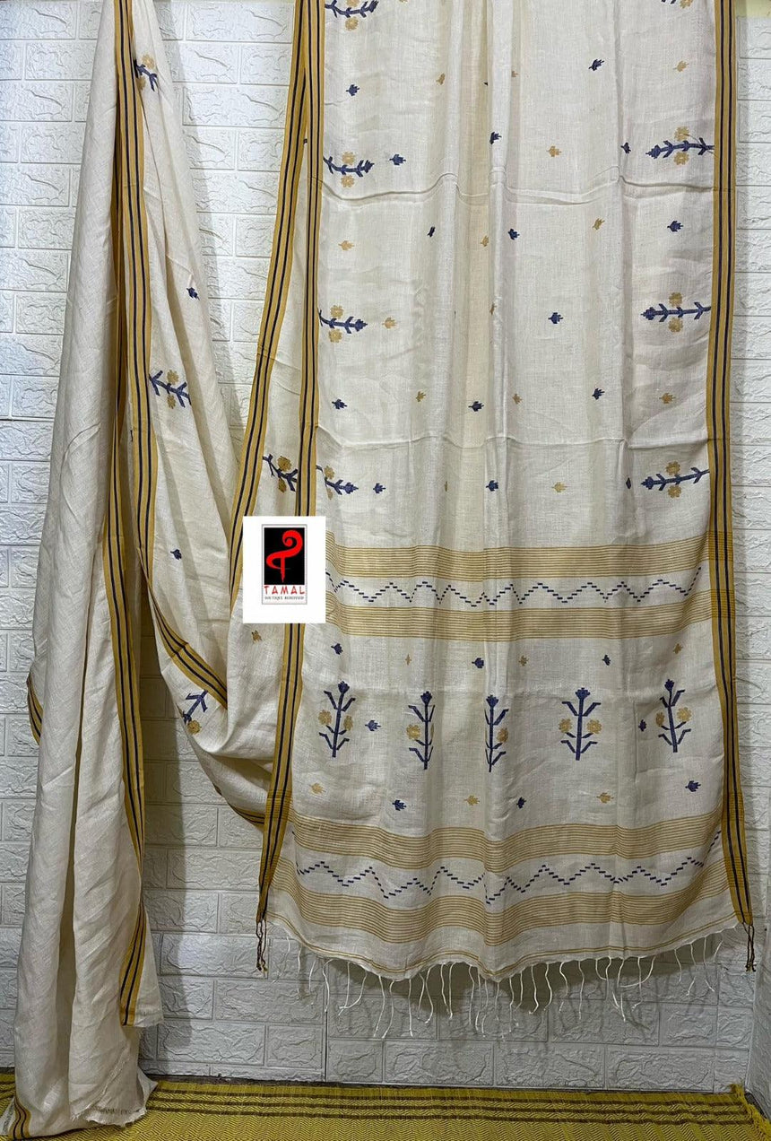 Offwhite with yellow & blue linen handwoven jamadani saree - Tamal Boutique