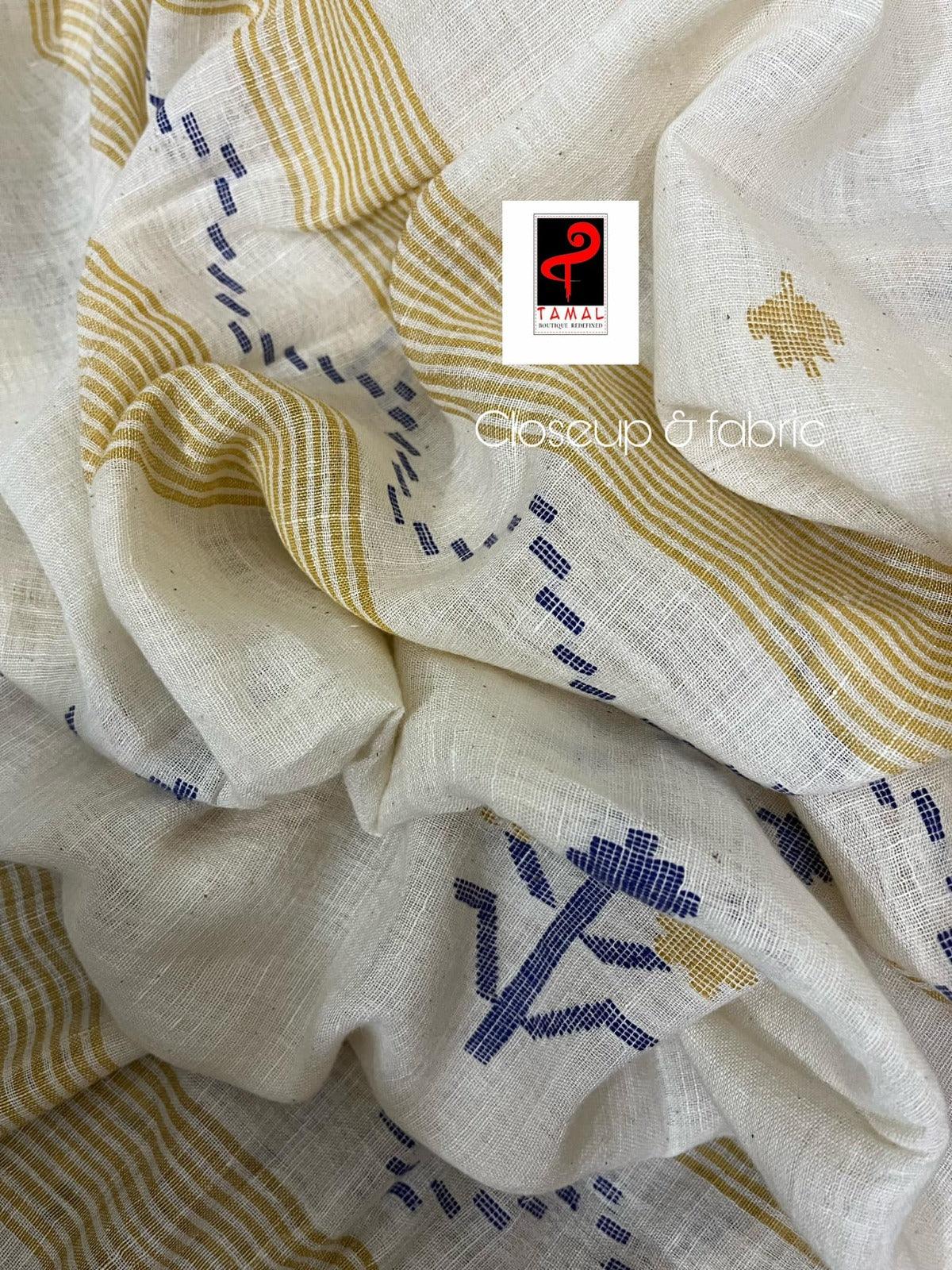 Offwhite with yellow & blue linen handwoven jamadani saree - Tamal Boutique