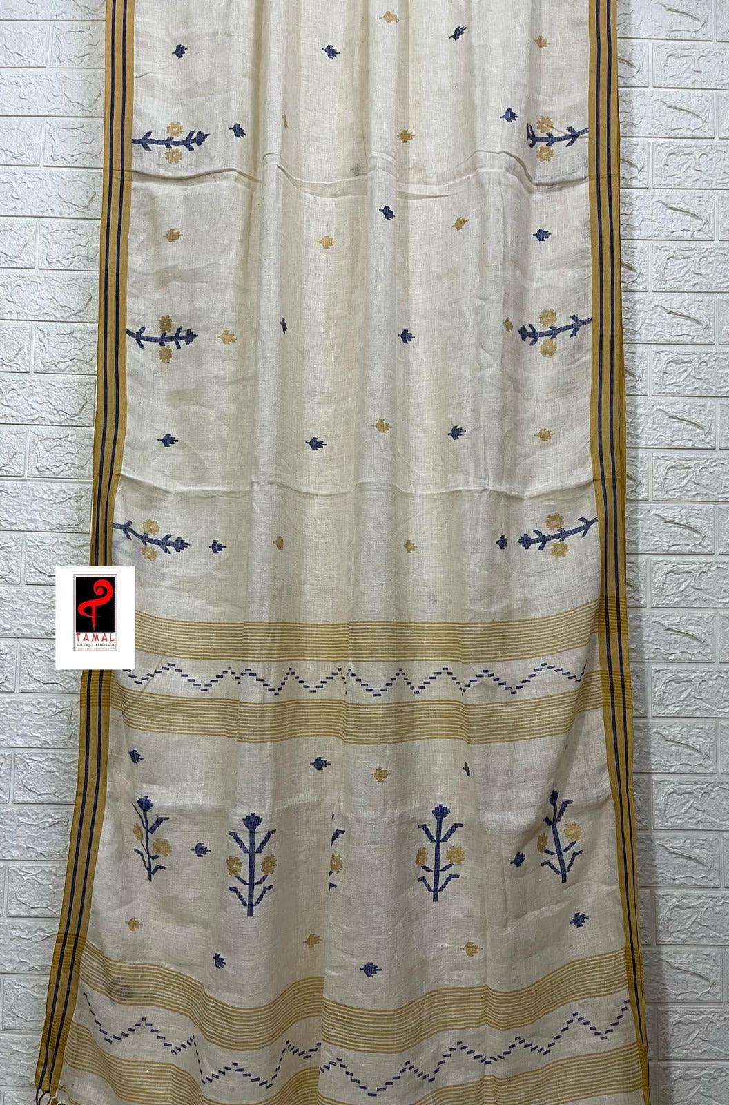 Offwhite with yellow & blue linen handwoven jamadani saree - Tamal Boutique