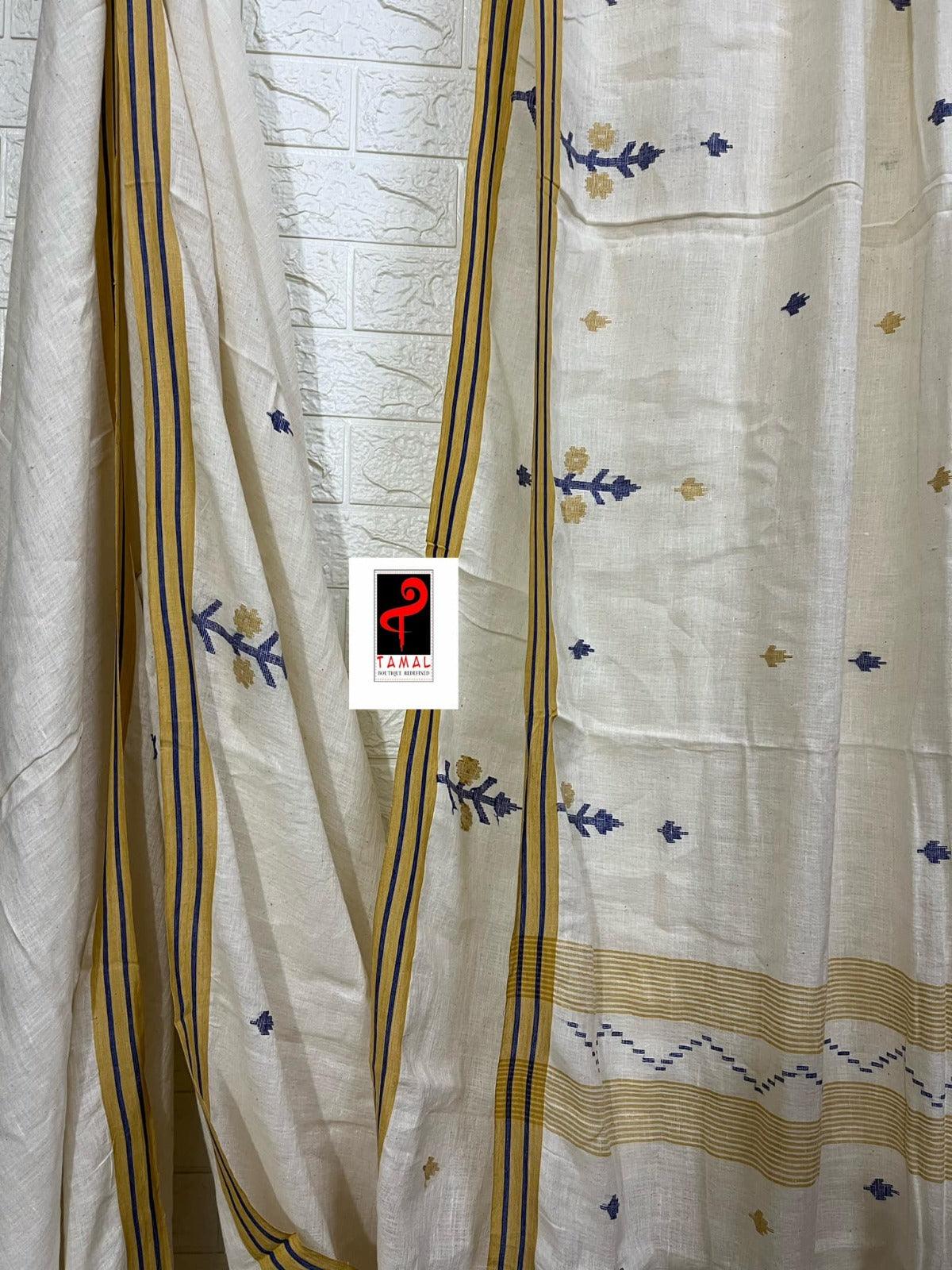 Offwhite with yellow & blue linen handwoven jamadani saree - Tamal Boutique