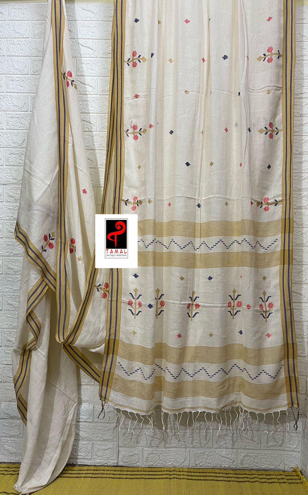 Offwhite with yellow & red linen handwoven jamdani saree - Tamal Boutique
