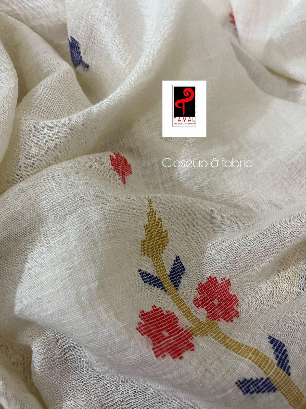 Offwhite with yellow & red linen handwoven jamdani saree - Tamal Boutique