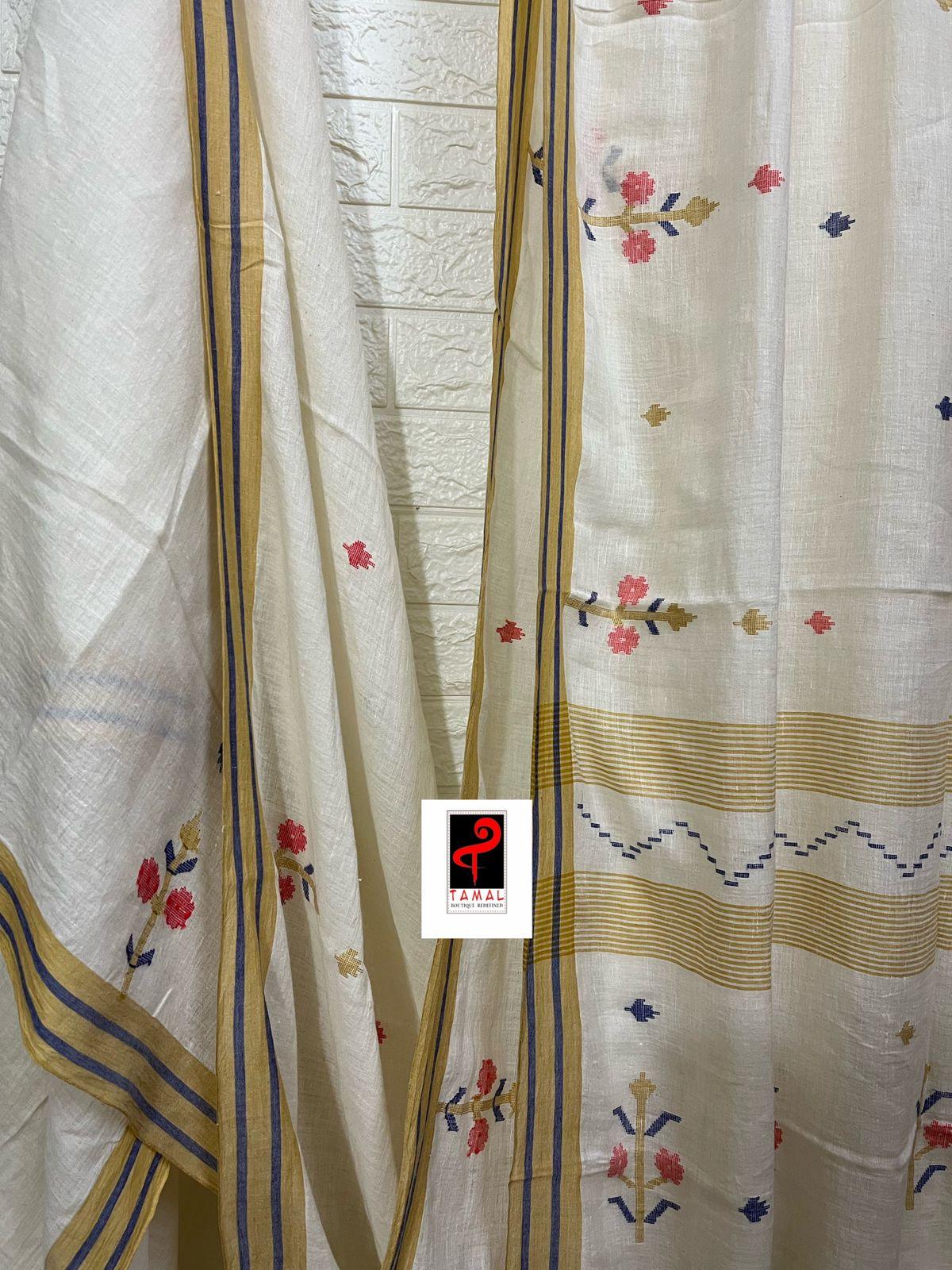 Offwhite with yellow & red linen handwoven jamdani saree - Tamal Boutique