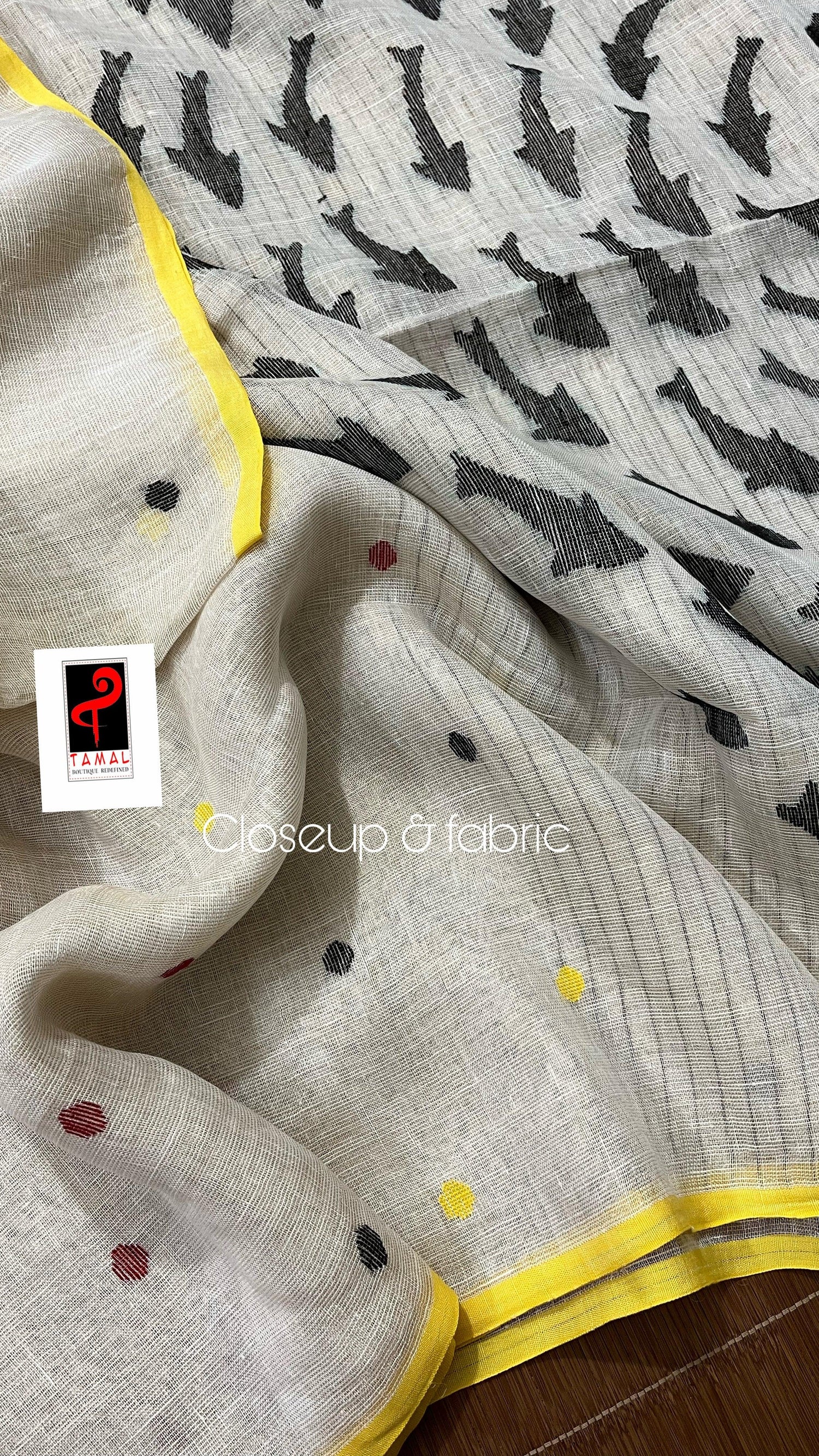 Offwhite with yellow circle fish pallu handwoven jamdani in linen saree - Tamal Boutique