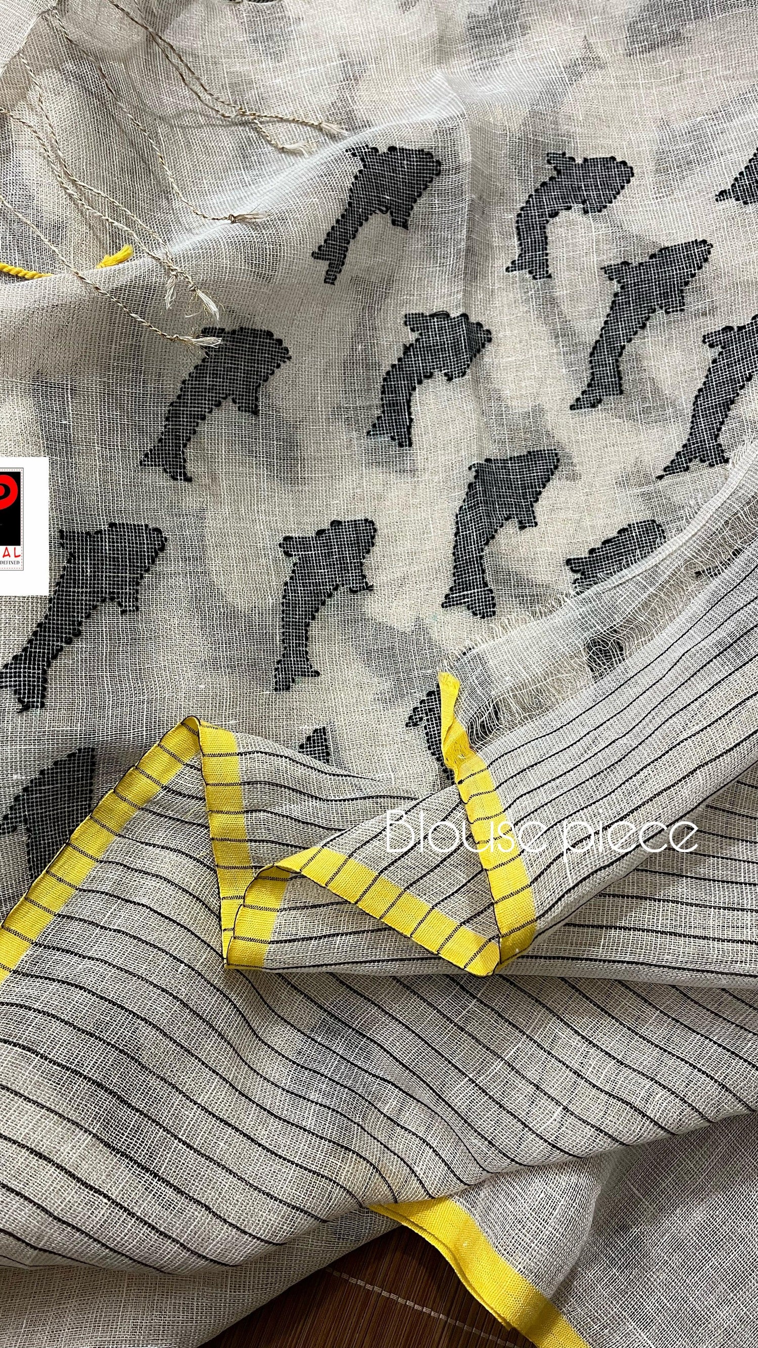 Offwhite with yellow circle fish pallu handwoven jamdani in linen saree - Tamal Boutique