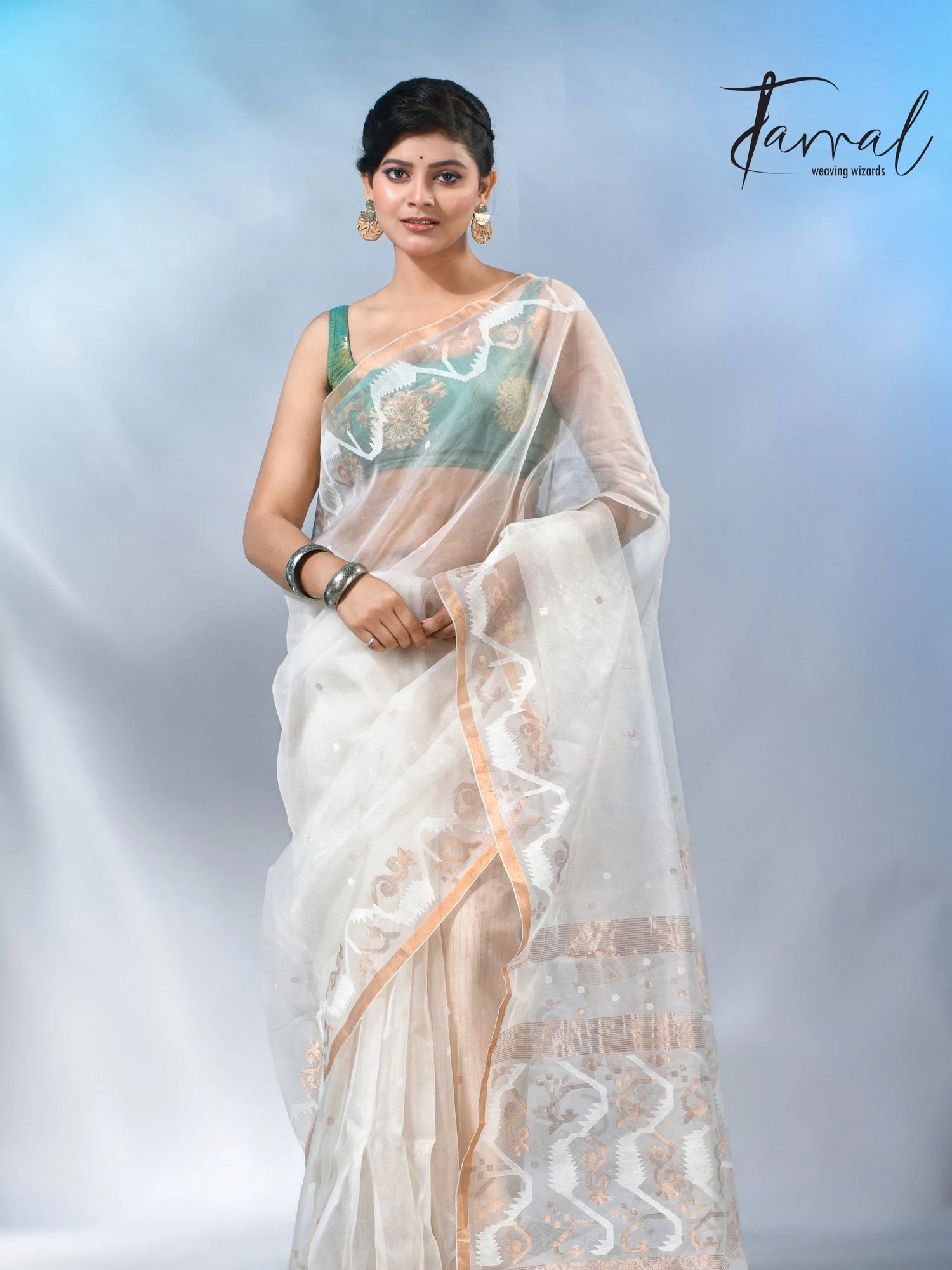 Offwhite with zari border handwoven muslin silk jamdani saree