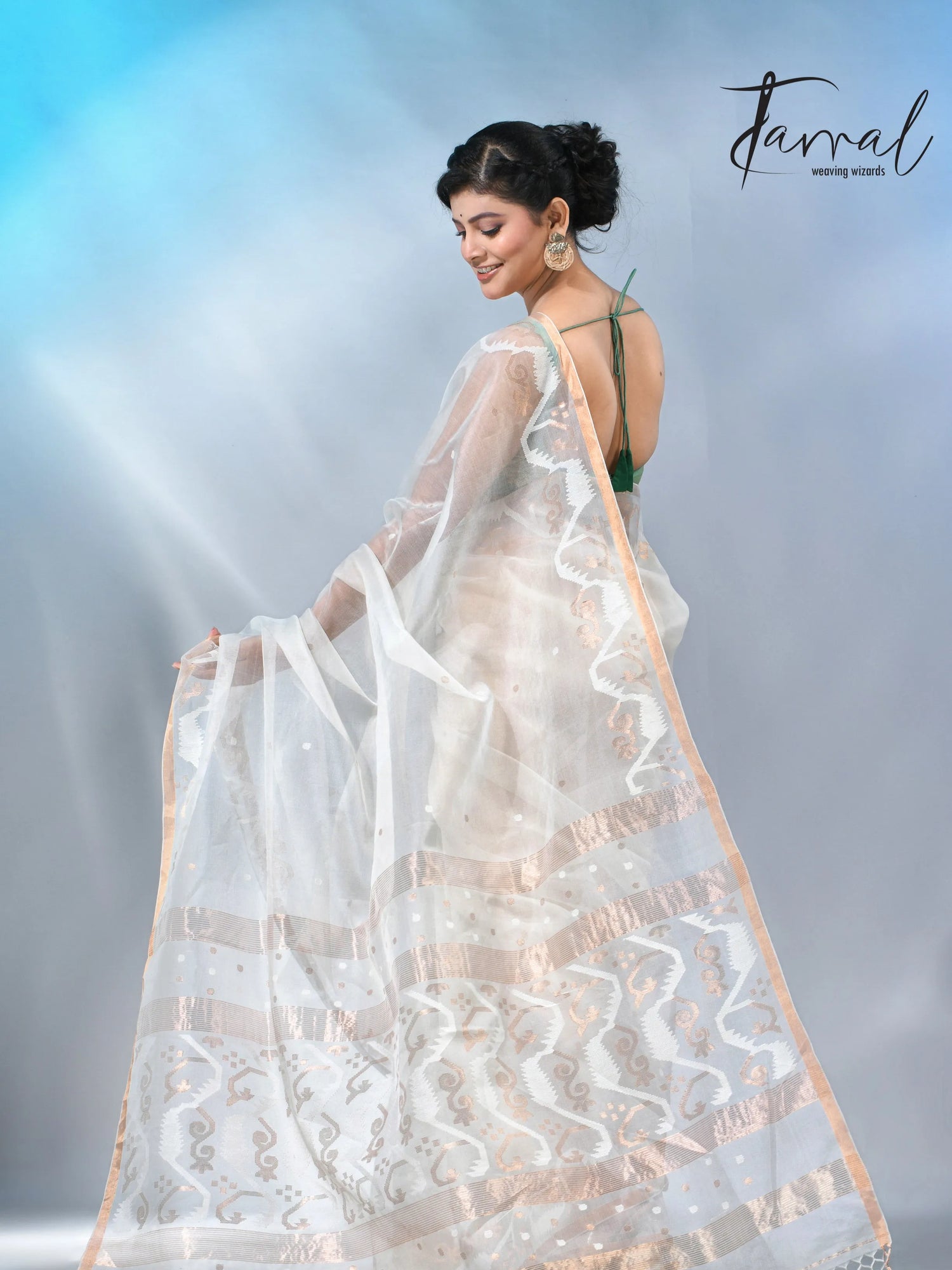 Offwhite with zari border handwoven muslin silk jamdani saree