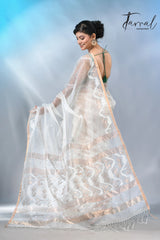 Offwhite with zari border handwoven muslin silk jamdani saree