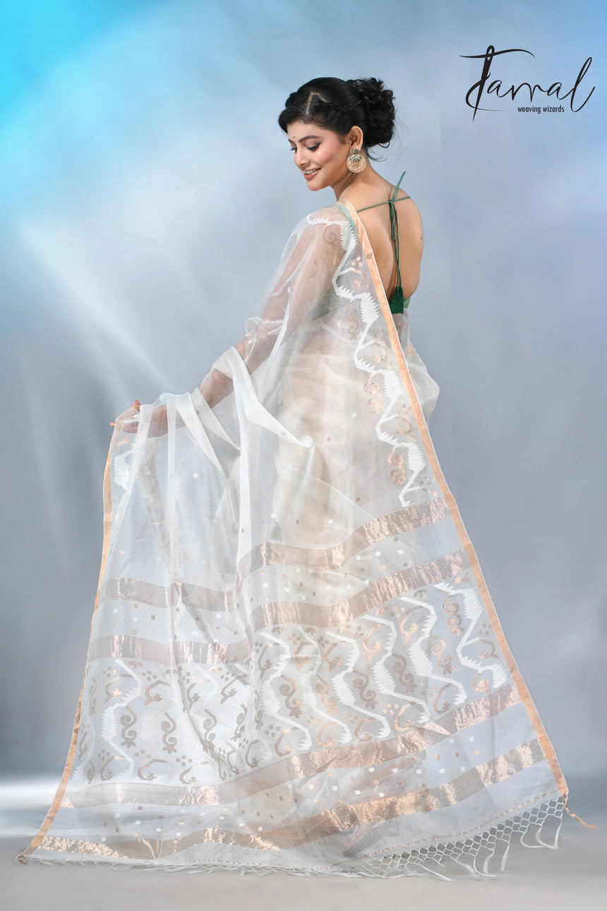 Offwhite with zari border handwoven muslin silk jamdani saree