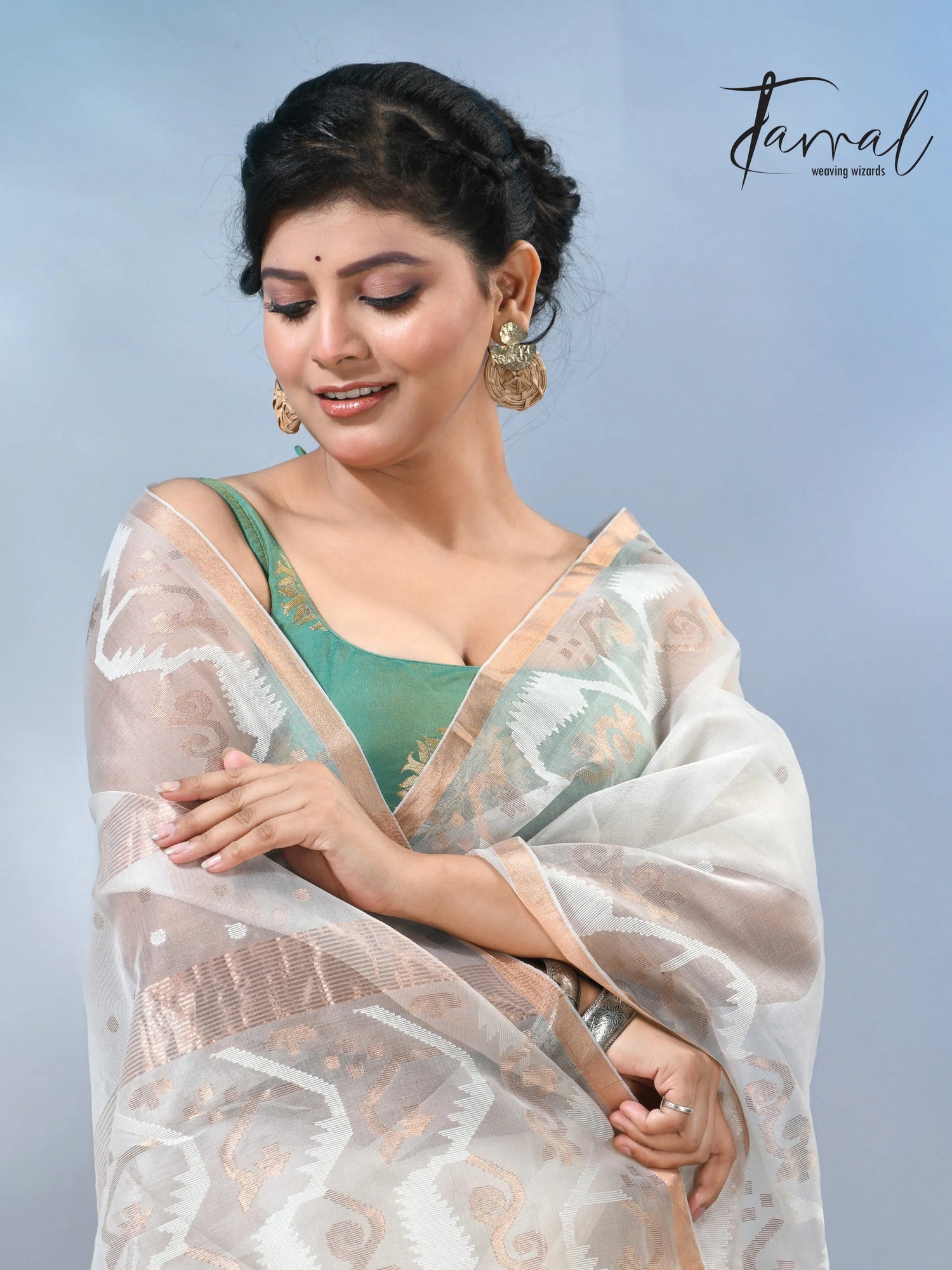 Offwhite with zari border handwoven muslin silk jamdani saree