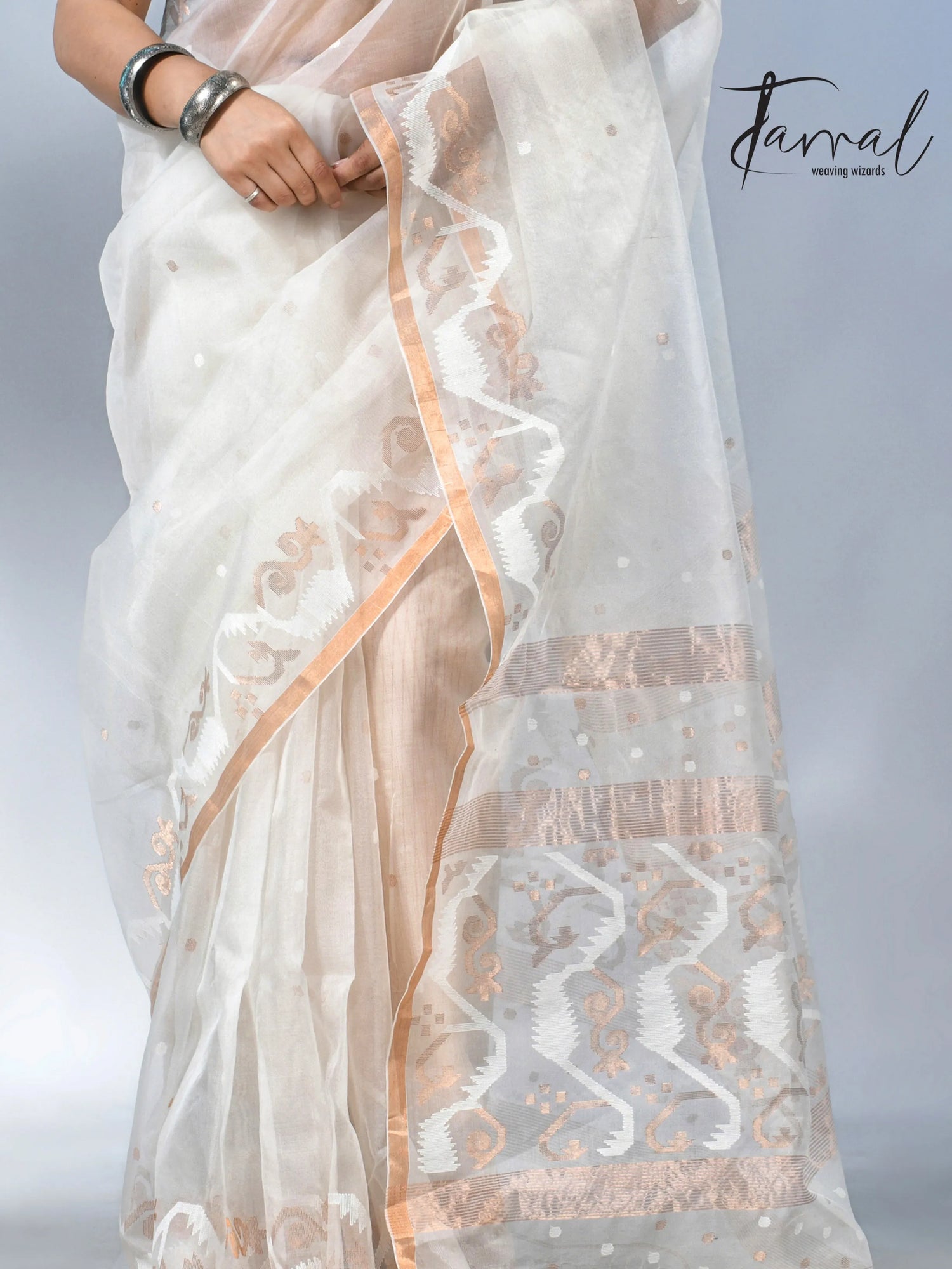 Offwhite with zari border handwoven muslin silk jamdani saree