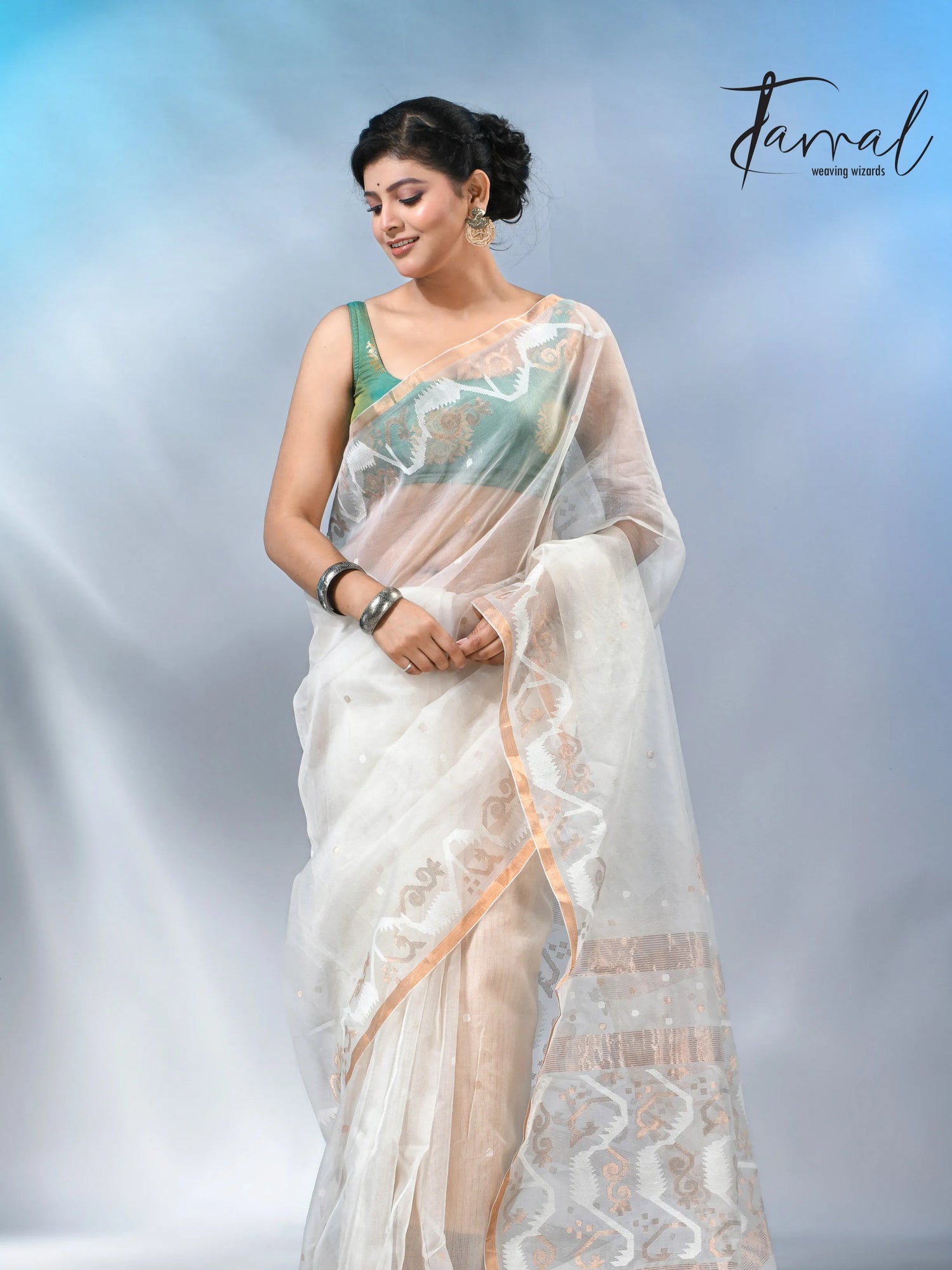 Offwhite with zari border handwoven muslin silk jamdani saree