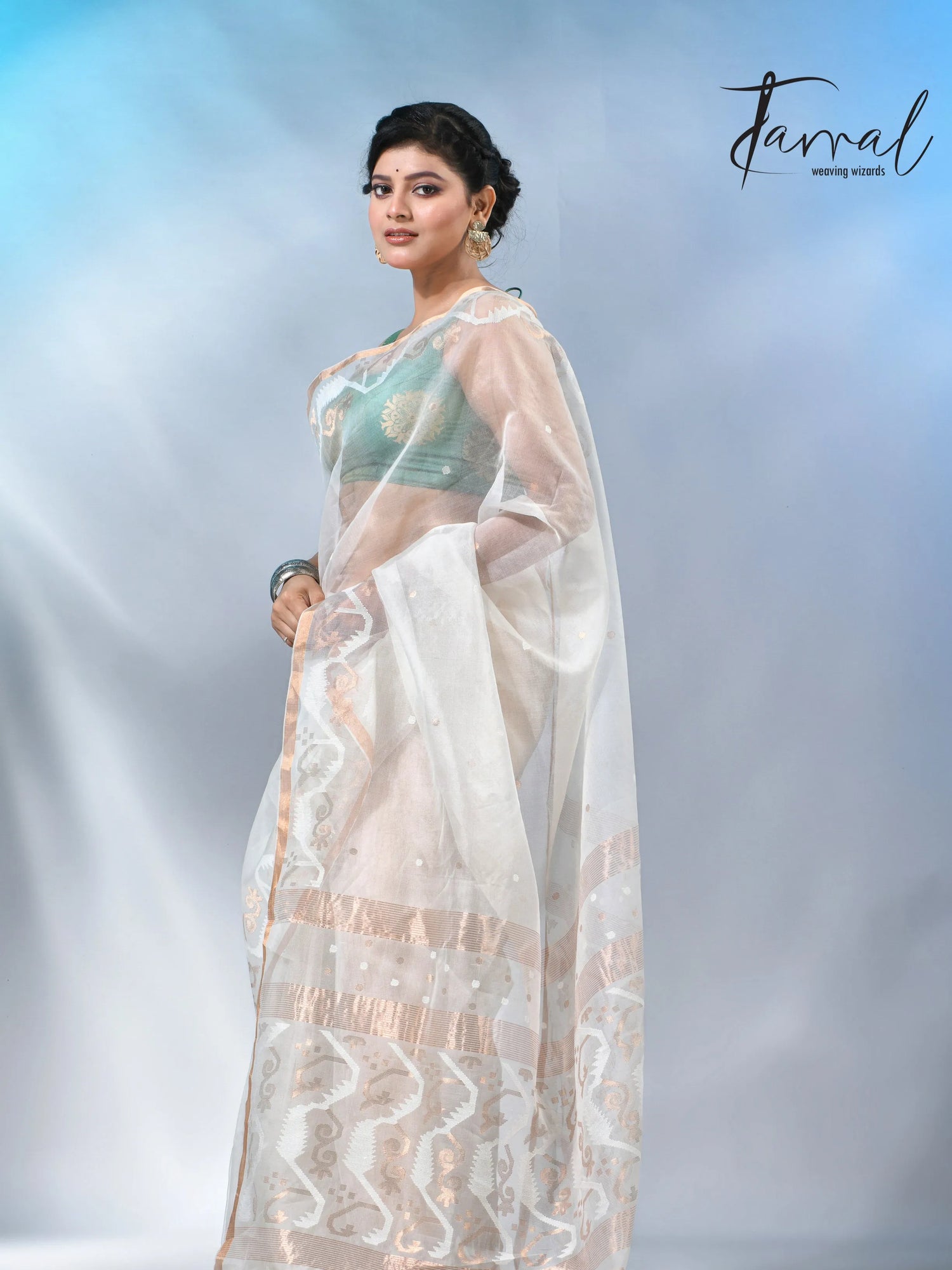 Offwhite with zari border handwoven muslin silk jamdani saree