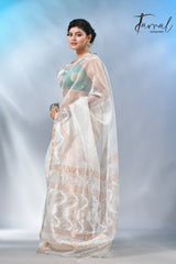 Offwhite with zari border handwoven muslin silk jamdani saree