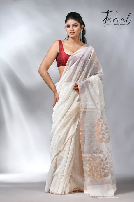 Offwhite with zari border silk cotton handwoven jamdani saree