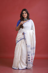 Offwhite with Blue temple border & Pink diamond cotton saree handwoven jamdani saree - Tamal Boutique
