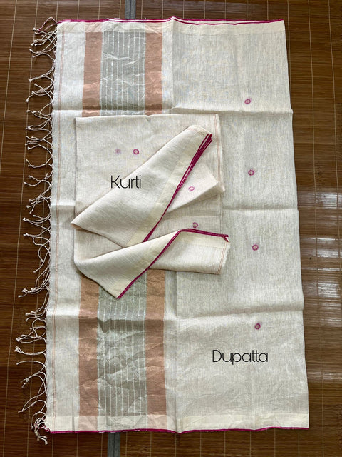Off white with Rani silky border linen kurti & dupatta set