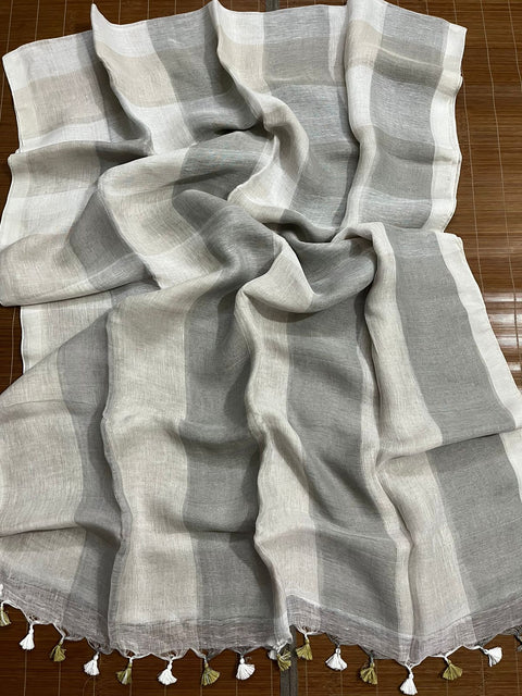 Offwhite with ash block check pure linen handloom saree
