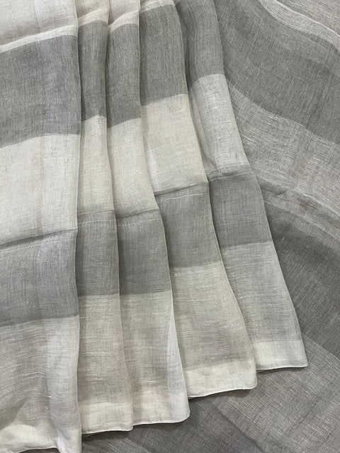 Offwhite with ash block check pure linen handloom saree
