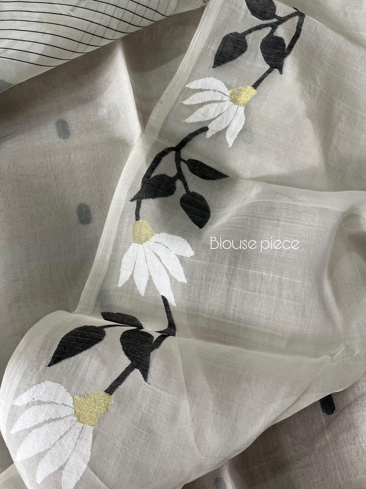 Offwhite with black & white floral muslin silk handwoven jamdani saree - Tamal Boutique