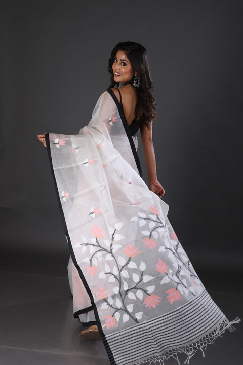 Offwhite with black border floral muslin silk handwoven jamdani saree